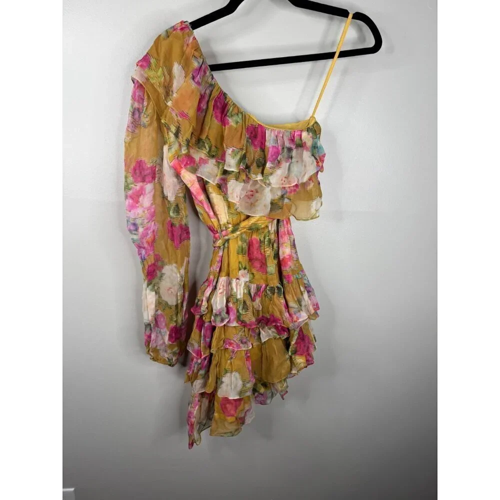 NWT ROCOCO SAND Avar Belted One Shoulder Dress Floral Chiffon Size XS Ochre